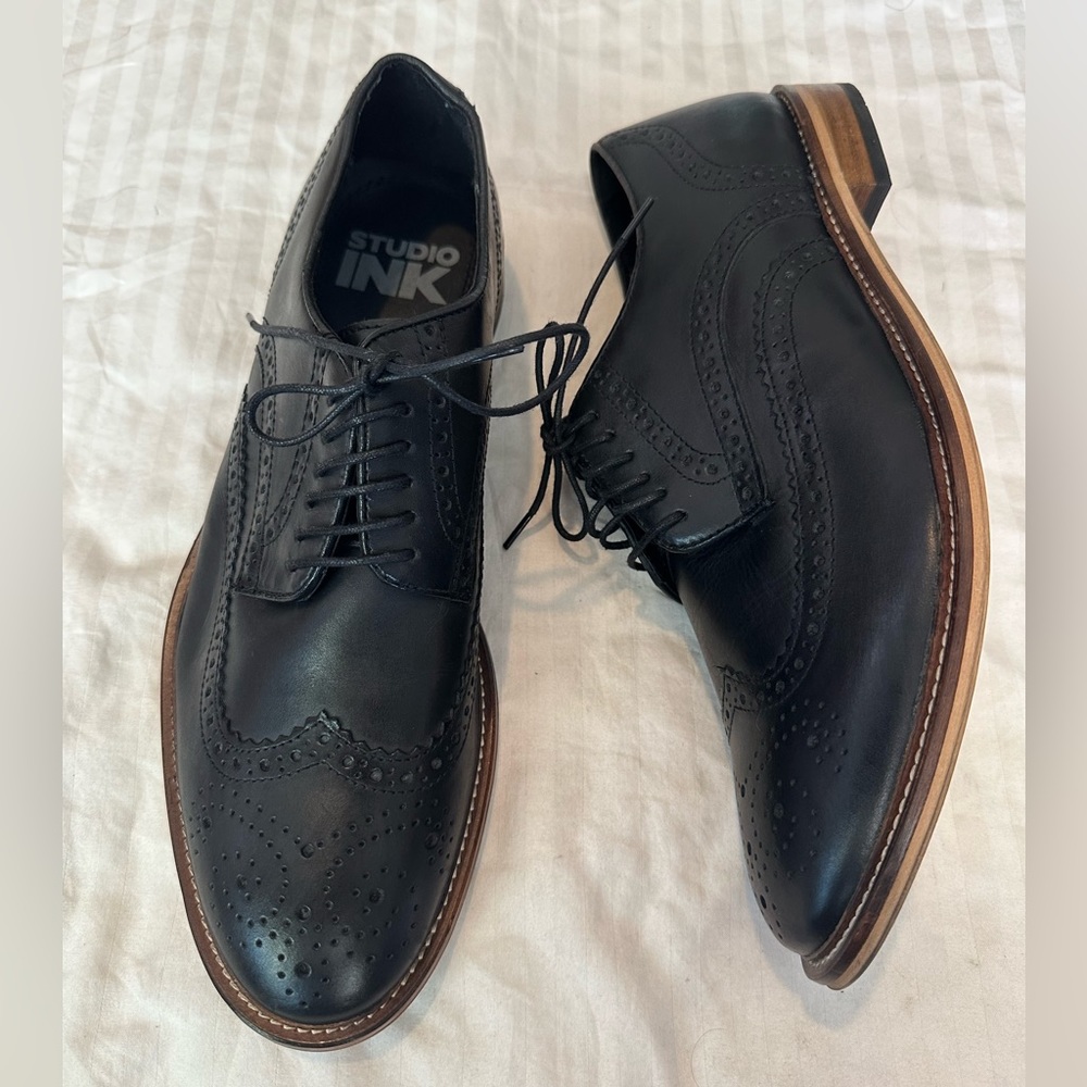 BRAND NEW Studio Ink Carthage Black Leather Wingtip Oxfords Shoes Men's Sz 10 M - Picture 2 of 4